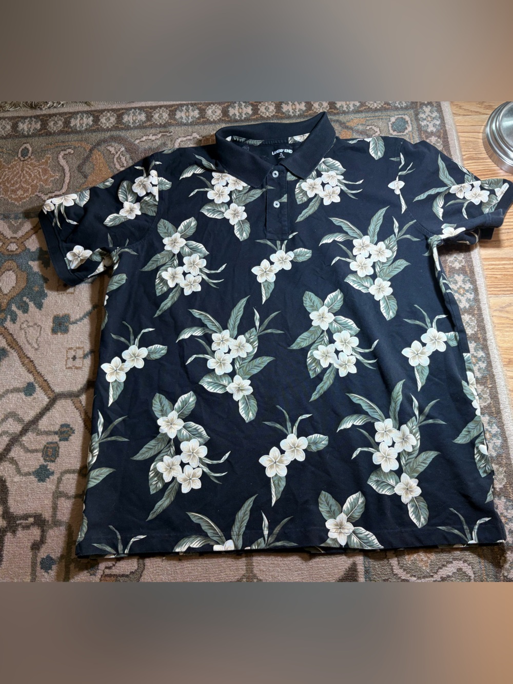 Lands' End Black Polo with White Floral Print